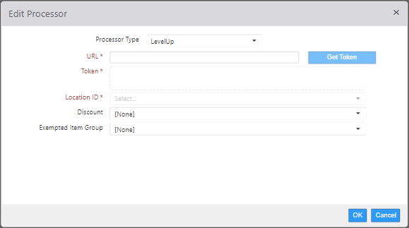 Edit Processor dialog with Processor Type set to LevelUp, showing URL field with Get Token button, Token text area, Location ID, Discount, and Exempted Item Group drop-downs