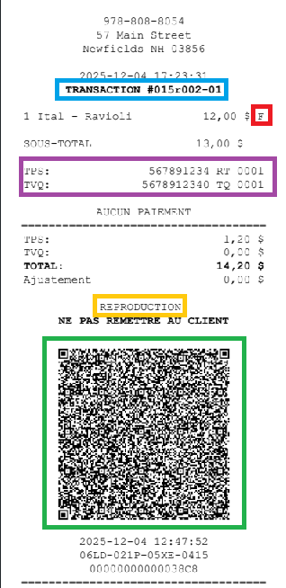 Reçu de reproduction annoté par couleur : identifiant de transaction encadré en bleu, type de taxe (F) encadré en rouge, numéros de TPS/TVQ encadrés en violet, mention « REPRODUCTION – NE PAS REMETTRE AU CLIENT » encadrée en jaune et code QR encadré en vert