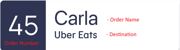 Order card example showing order number, guest name, and destination
