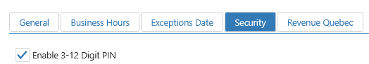 Security tab showing a checked Enable 3-12 Digit PIN checkbox