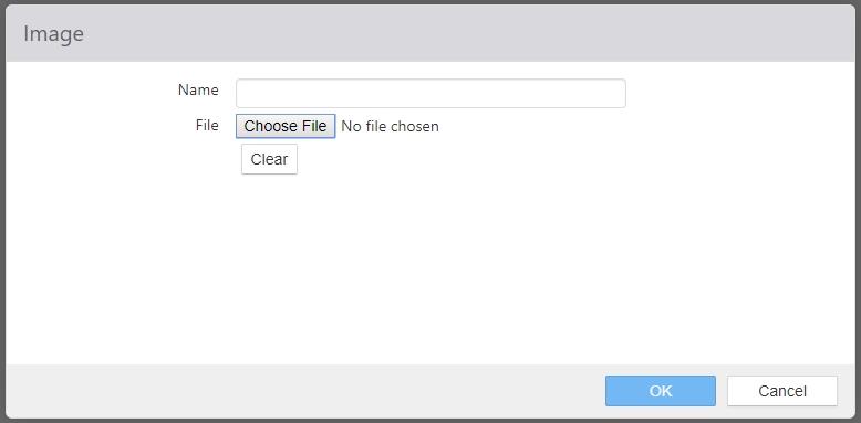 Add Image dialog with Name field and a Choose File button for selecting an image
