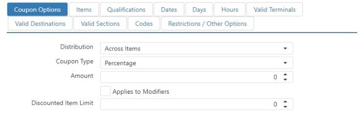 Edit Promotion dialog, Coupon Options tab, with Distribution, Coupon Type, and Applies to Modifiers fields