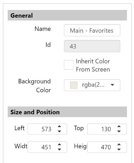 Properties area, showing panel properties including Name, Id, Inherit Color From Screen, Background Color, and Size and Position (Left, Top, Width, Height)
