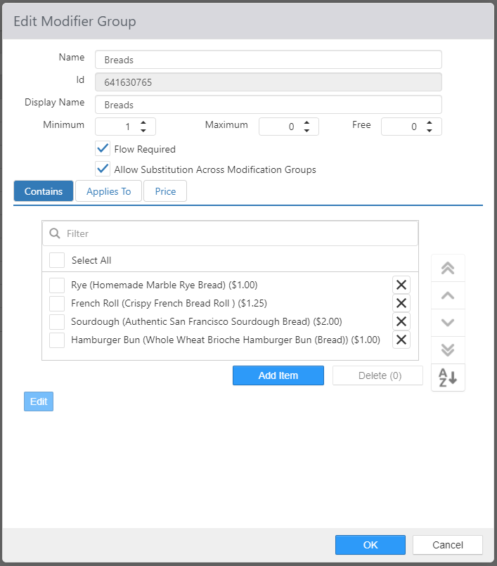 Edit Modifier Group dialog for Breads showing Name, Id, Display Name, Minimum, Maximum, Free, Flow Required and Allow Substitution Across Modification Groups checkboxes, and Contains tab listing bread items with prices