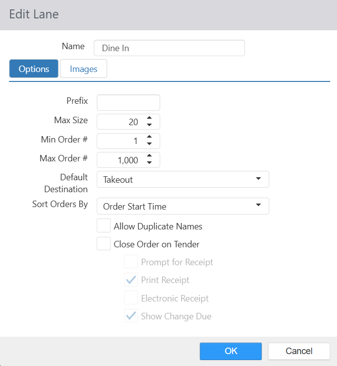Edit Lane dialog, Options tab, showing Prefix, Max Size, Min/Max Order #, Default Destination, Sort Orders By, and related checkboxes