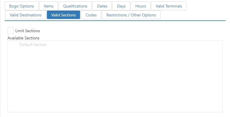 Edit Promotion dialog, Valid Sections tab, with Limit Sections checkbox and section checklist