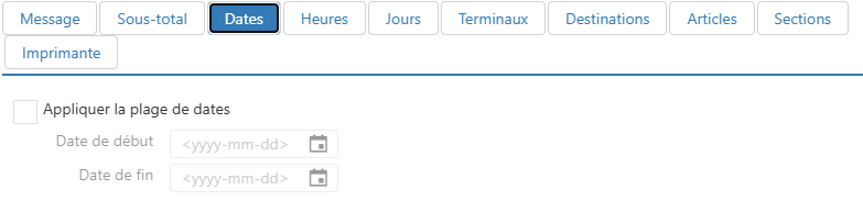 Boîte de dialogue Modifier le message de l'imprimante, onglet Dates