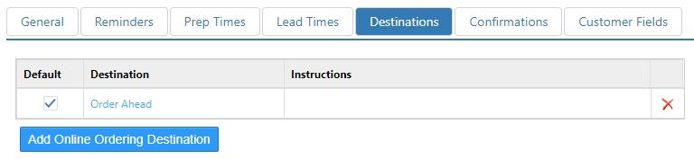 Options > Future Orders > Destinations tab