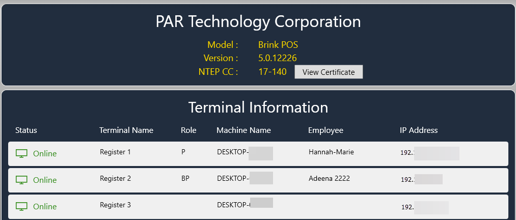 System Information window showing PAR Technology Corporation, Model: Brink POS, Version: 5.0.12226, NTEP CC: 17-140 at top, and a Terminal Information table listing Register 1 (Role P), Register 2 (Role BP), and Register 3, all shown Online