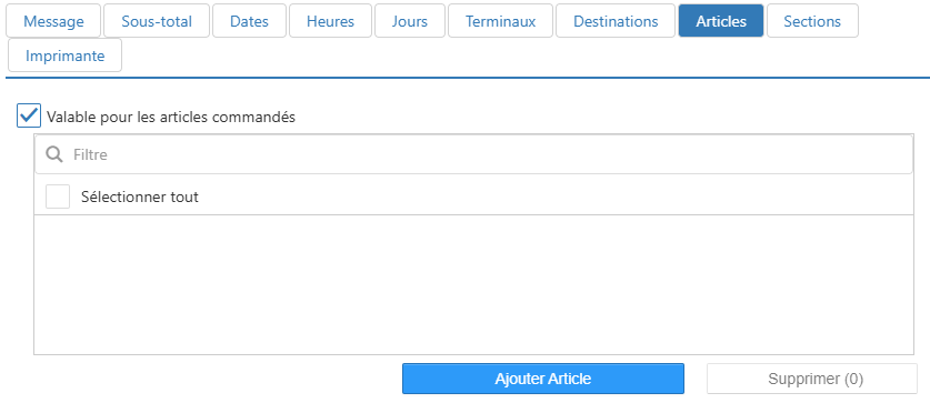 Boîte de dialogue Modifier le message de l'imprimante, onglet Articles