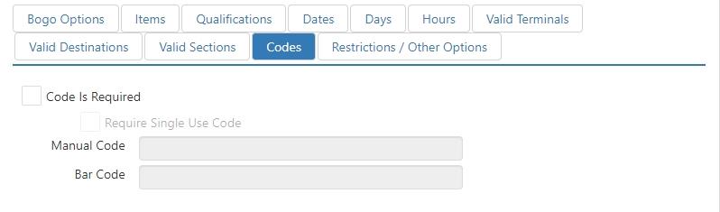Edit Promotion dialog, Codes tab, with Code Is Required, Require Single Use Code, Manual Code, and Bar Code fields
