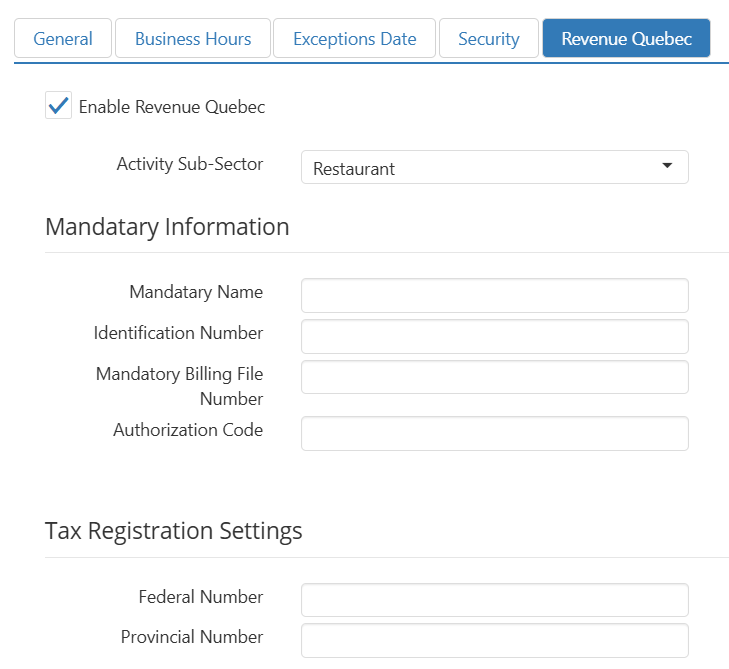 Revenue Quebec tab showing Enable Revenue Quebec checked, Activity Sub-Sector set to Restaurant, Mandatary Information fields, and Tax Registration Settings fields