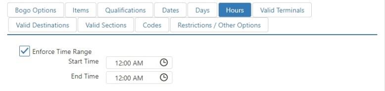 Edit Promotion dialog, Hours tab, with Enforce Time Range and StartTime/EndTime fields
