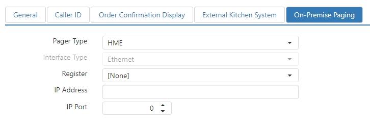 On-Premise Paging style tab bar showing General, Caller ID, Order Confirmation Display, External Kitchen System, and On-Premise Paging tabs