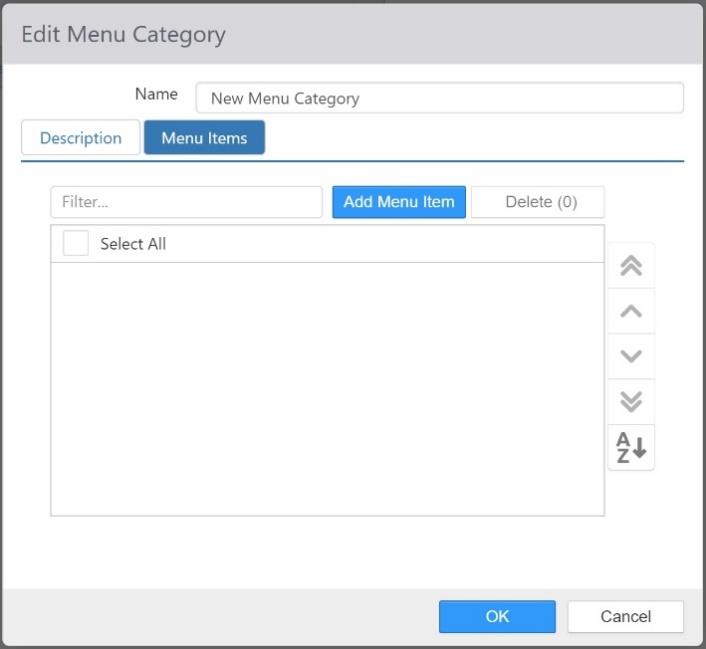 Edit Menu Category dialog, Menu Items tab, showing Filter, Add Menu Item, and Delete controls with a Select All list
