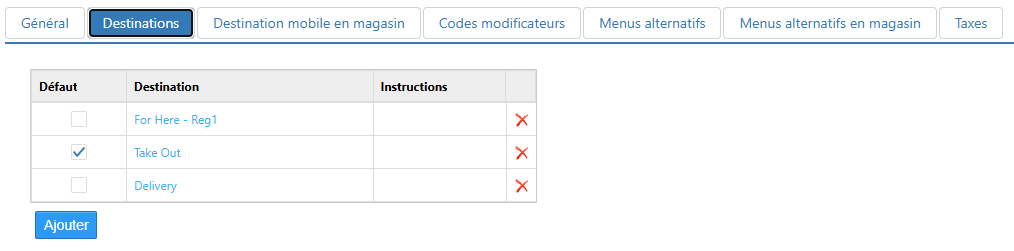 Onglet Destinations de la boîte de dialogue Options > Commande en ligne, avec la liste des destinations For Here, Take Out et Delivery