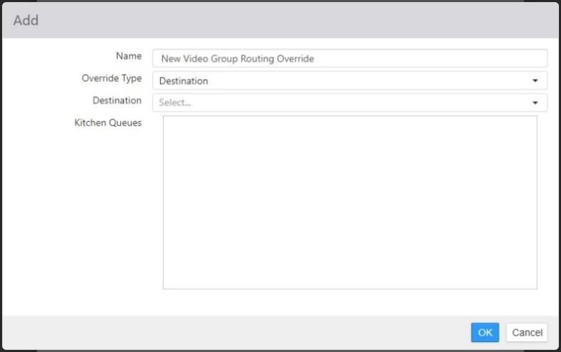 Add item routing override dialog with Name, Override Type, Destination, and Kitchen Queues fields