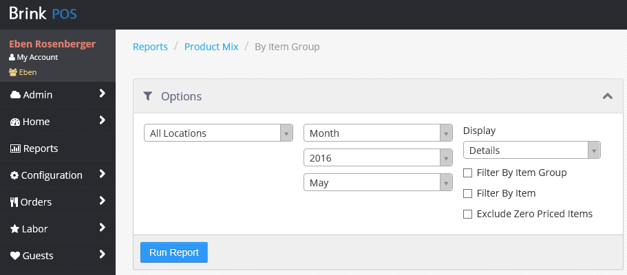 Product Mix by Item Group Report Options panel showing All Locations, Month, 2016, and May drop-downs, a Display drop-down set to Details, Filter By Item Group, Filter By Item, and Exclude Zero Priced Items checkboxes, and a Run Report button