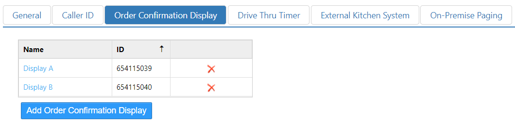 Options > System > Order Confirmation Display tab listing configured displays Display A and Display B with IDs, and an Add Order Confirmation Display button