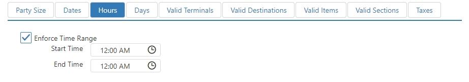 Edit Surcharge dialog, Hours tab showing Enforce Time Range checkbox with Start Time and End Time fields
