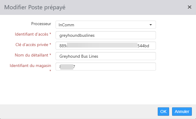 Boîte de dialogue Modifier Poste prépayé, avec le processeur InComm et les champs Identifiant d'accès, Clé d'accès privée, Nom du détaillant et Identifiant du magasin