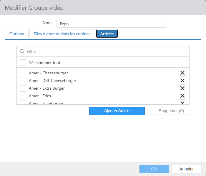 Boîte de dialogue Modifier Groupe vidéo « Expo », onglet Articles, avec la liste des articles (Amer - Cheeseburger, Amer - DBL Cheeseburger, Amer - Extra Burger, Amer - Fries, Amer - Hamburger, etc.) et les boutons Ajouter Article et Supprimer
