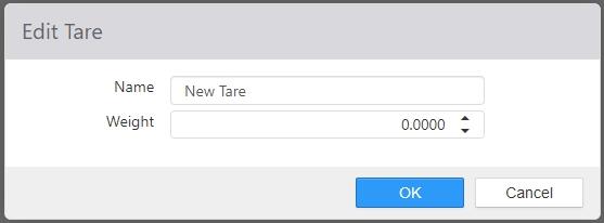 Edit Tare dialog showing Name and Weight fields