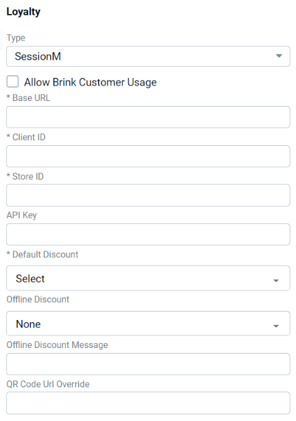 Edit Integration form for Loyalty with Type set to SessionM, showing Allow Brink Customer Usage checkbox, Base URL, Client ID, Store ID, API Key fields, Default Discount and Offline Discount dropdowns, and Offline Discount Message and QR Code Url Override fields