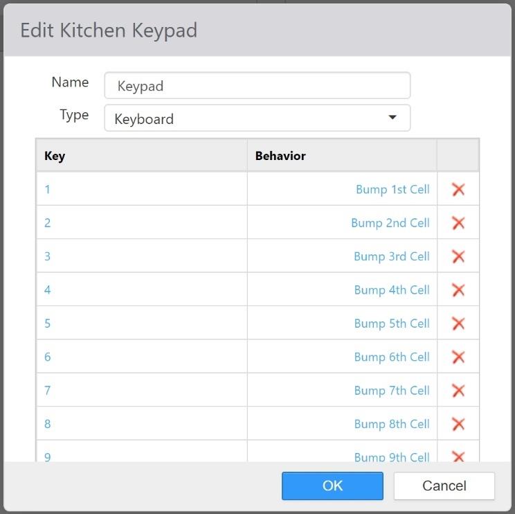 Edit Kitchen Keypad dialog with Name, Type set to Keyboard, and a Key/Behavior list showing keys 1 through 9 mapped to Bump 1st Cell through Bump 9th Cell