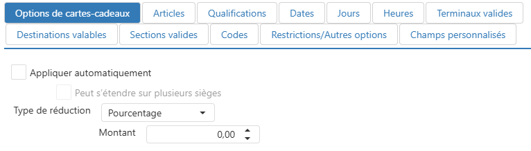 Boîte de dialogue Modifier la promotion, onglet Options de Carte-cadeaux