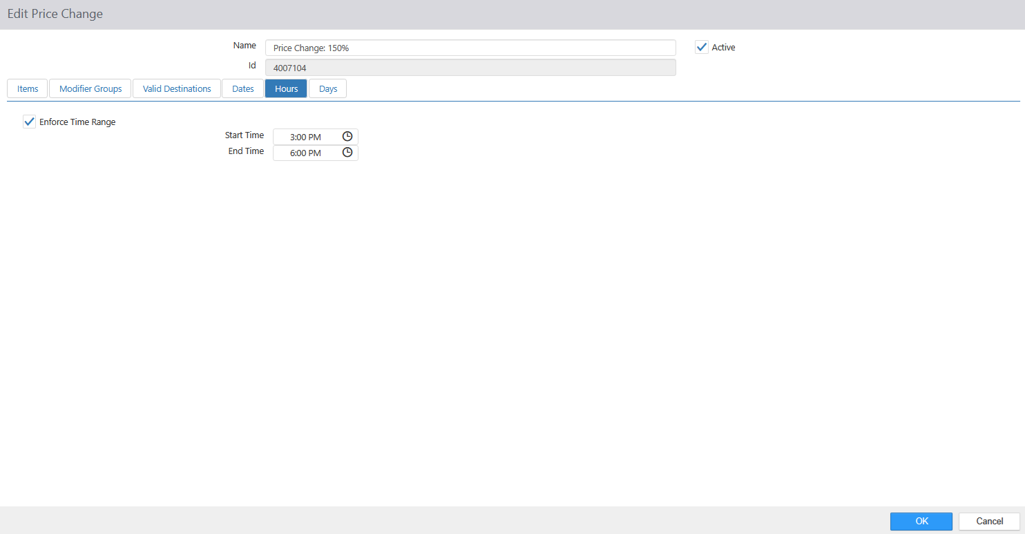 Edit Price Change dialog, Hours tab