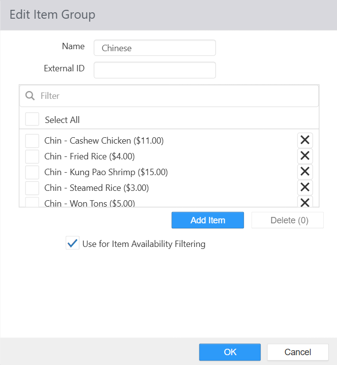 Edit Item Group dialog showing Name, External ID fields, a filterable list of items with checkboxes (Chinese food items), Add Item and Delete buttons, and Use for Item Availability Filtering checkbox
