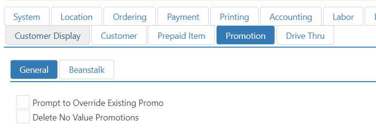 Options > Promotion > General tab, showing Prompt to Override Existing Promo and Delete No Value Promotions checkboxes