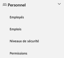 Menu Personnel du portail d'administration déroulé, avec les sous-menus Employés, Emplois, Niveaux de sécurité et Permissions