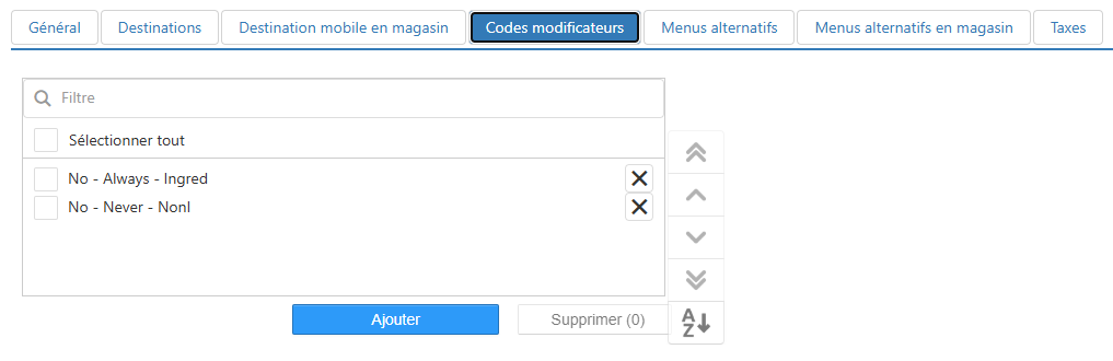 Onglet Codes modificateurs de la boîte de dialogue Options > Commande en ligne, avec une liste de codes modificateurs à cocher