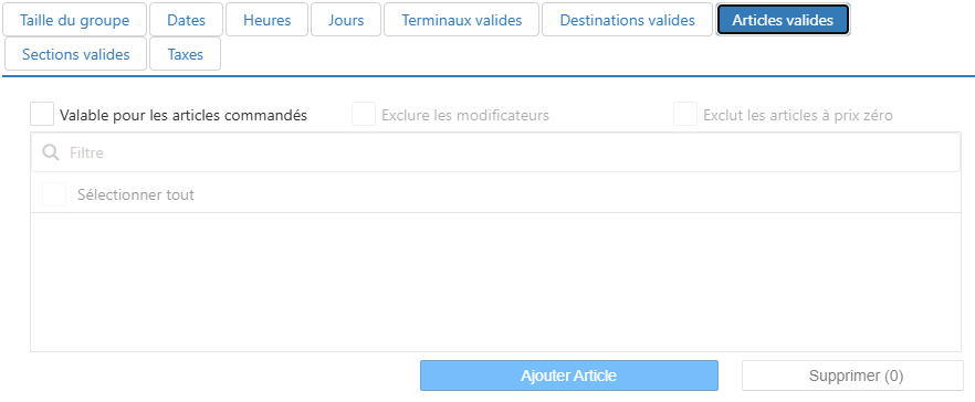 Boîte de dialogue Modifier Frais supplémentaires, onglet Articles valides