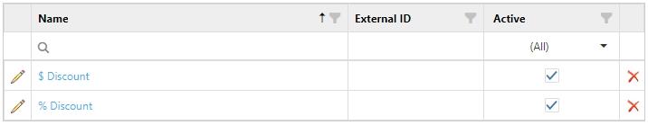 Discounts list showing Name, External ID, and Active columns with edit and delete icons
