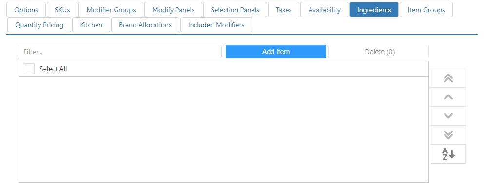 Edit Item dialog, Ingredients tab, showing a filter field, Add Item and Delete buttons, and an empty checklist