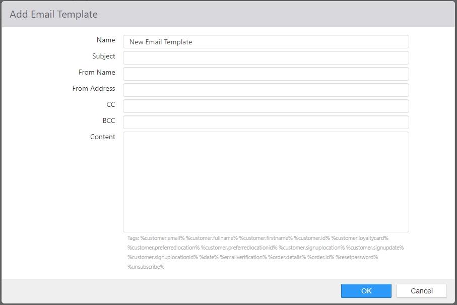 Edit Email Template dialog with Name, Subject, From Name, From Address, CC, BCC, and Content fields listing available replacement tags