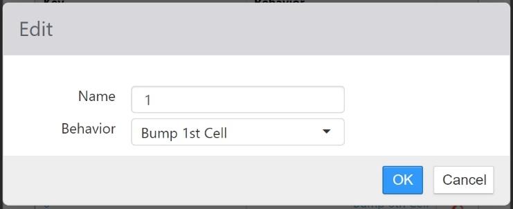 Edit dialog for a single Kitchen Keypad key mapping, with Name field set to 1 and Behavior drop-down set to Bump 1st Cell