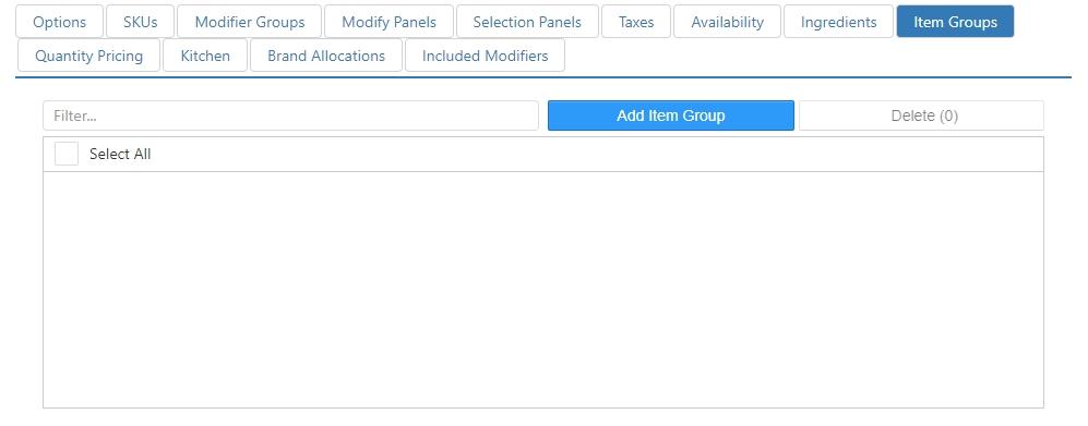 Edit Item dialog, Item Groups tab, showing a filter field, Add Item Group and Delete buttons, and an empty checklist