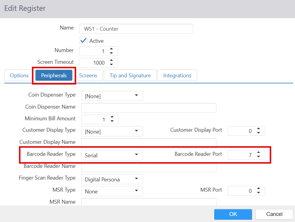 Edit Register - Peripherals tab with Barcode Reader Type and Port highlighted