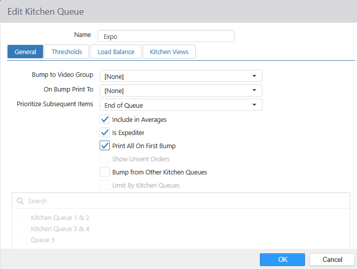 Edit Kitchen Queue dialog, General tab, with Bump to Video Group, On Bump Print To, Prioritize Subsequent Items, Include in Averages, Is Expediter, Show Unsent Orders, Can Bump Unsent Orders, Display One Behind, Bump from Other Kitchen Queues, and Limit By Kitchen Queues fields