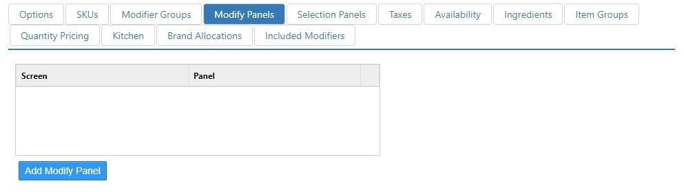 Edit Item dialog, Modify Panels tab, showing an empty Screen/Panel table and an Add Modify Panel button