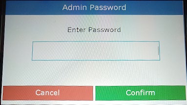 Admin Password screen with an empty password entry field and Cancel/Confirm buttons