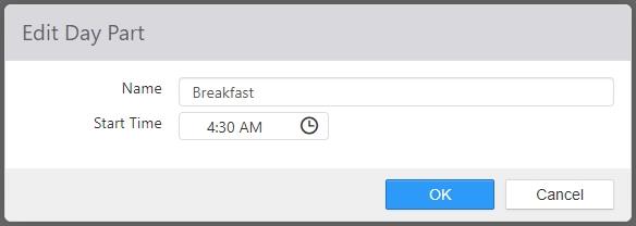 Edit Day Part dialog with Name and Start Time fields