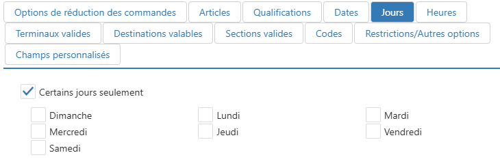 Modifier la boîte de dialogue de promotion, onglet Jours