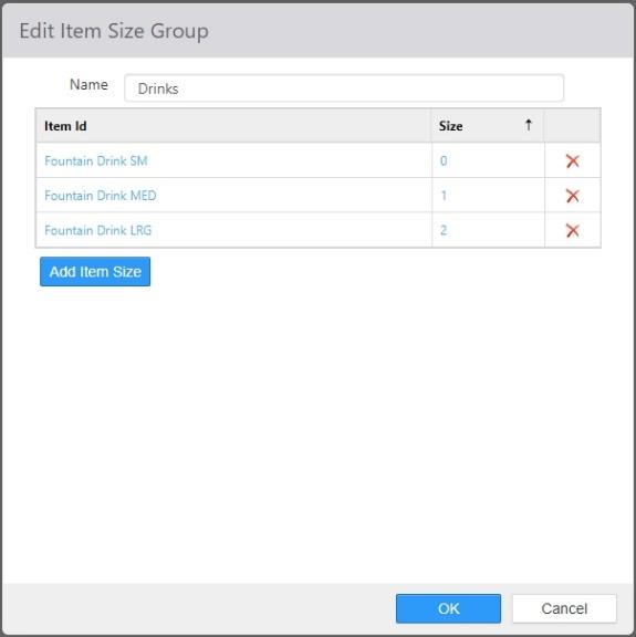 Edit Item Size Group dialog showing Name field and an Item Id/Size table with Add Item Size button