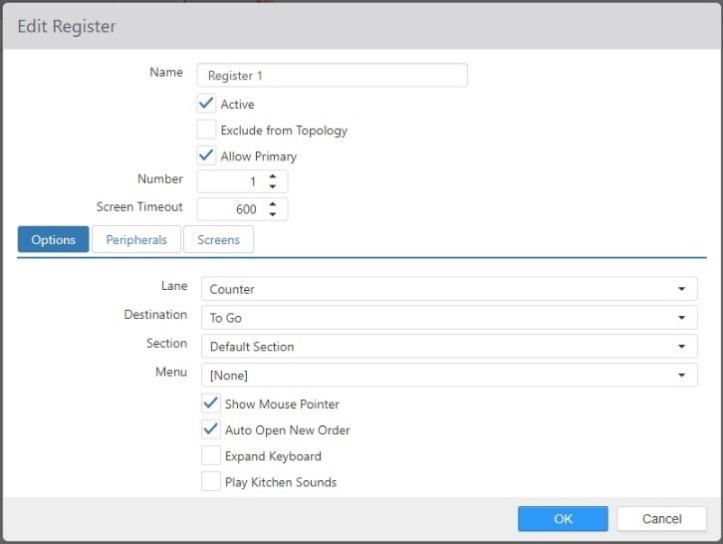 Edit Register dialog, Options tab showing Name, Active, Allow Primary, Number, Screen Timeout, and Lane/Destination/Section/Menu options