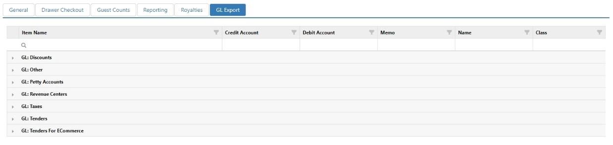 GL Export tab showing a table of GL categories (GL: Discounts, GL: Other, GL: Petty Accounts, GL: Revenue Centers, GL: Taxes, GL: Tenders, GL: Tenders For ECommerce) with columns for Item Name, Credit Account, Debit Account, Memo, Name, and Class